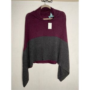 CELESTE WOOL/CASHMERE BURGUNDY/GREY WRAP SWEATER PONCHO ONE SIZE